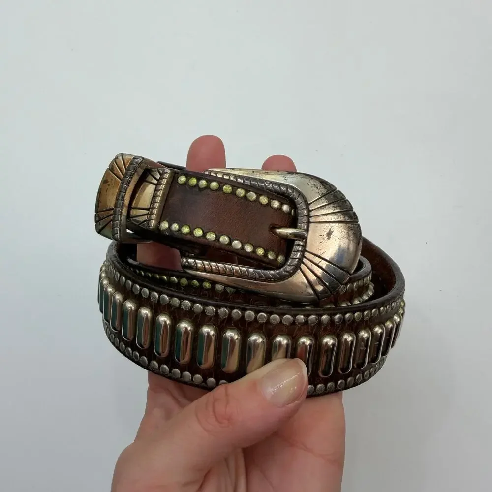 Vintage Silver Buckle Brown Leather Belt
